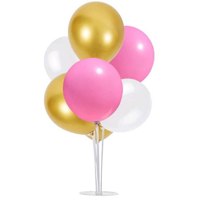 Ayaklı Balon Standı - Gold Pembe Beyaz Metalik Balonlu
