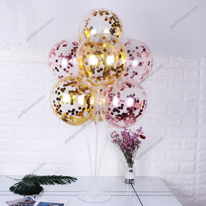 Ayaklı Balon Standı - Rose ve Gold Konfetili Şeffaf Balonlu