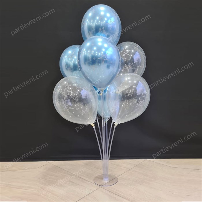 Ayaklı Balon Standı - Şeffaf Mavi Krom Yıldızlı