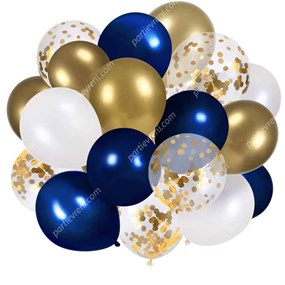 Gold Beyaz Gece Mavisi Konfetili Balon Seti 20 Adet