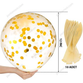 Gold Konfetili Şeffaf Balon Seti - 10 Adet