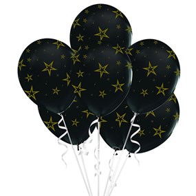 Gold Yıldızlar Baskılı Siyah Lateks Balon - 5 Adet